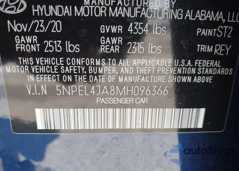 2021 Hyundai Sonata Sel z USA, uszkodzony, nr VIN 5NPEL4JA8MH096366